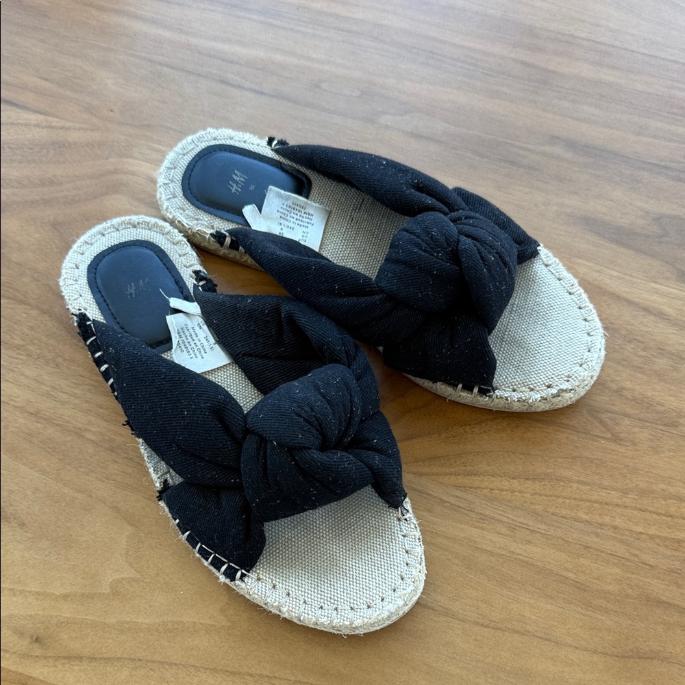 H&M Black Knotted Espadrille Slide Sandals